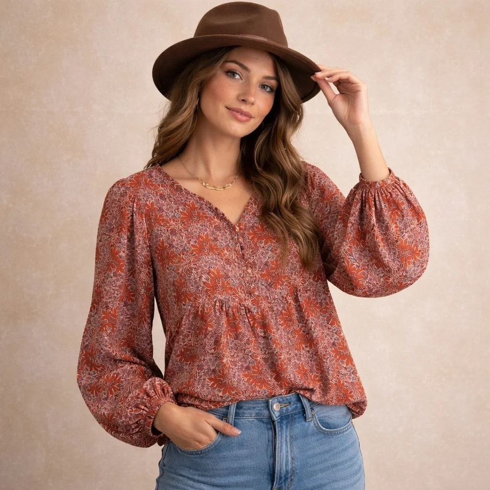 Solitaire Rust Orange Floral Peasant Blouse Balloon Sleeve Boho Top Size L Flaw - Picture 1 of 7